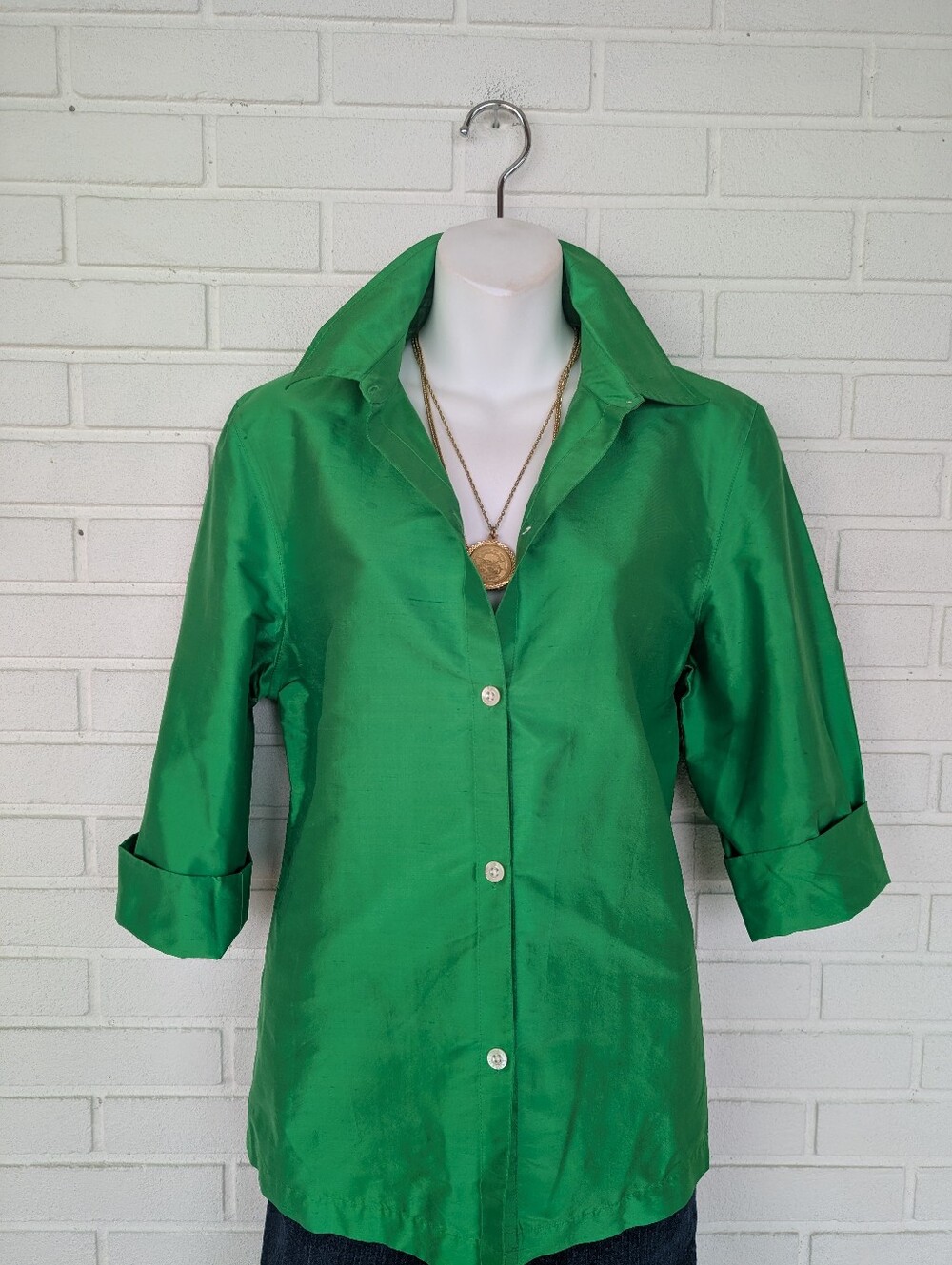 Ralph Lauren Classic Raw Silk Green Button-Up Women's Shirt